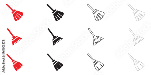 Broom icon cleaning tool vector set, dust cleaning broom vector, silhouette and line art illusration