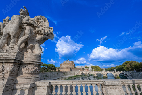 City of Rome, St. Angelo Bridge over the Tiber River, with Castel San Angelo, Italy