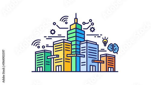 Colorful Cityscape with Buildings and Technology.