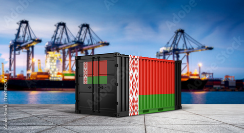 Photos Belarusian Trade Route: The Belarusian flag adorns a cargo container, symbolizing international trade and economic activity within a bustling port environment