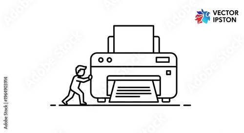 Outline graphic depicting a determined individual moving a large office printer with effort