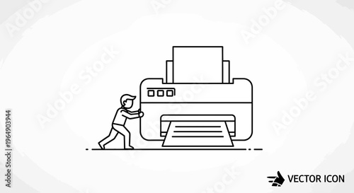 Minimalist line art illustrating a person moving a large office printer for document processing