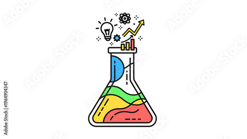 Colorful Laboratory Flask with Idea Symbols.