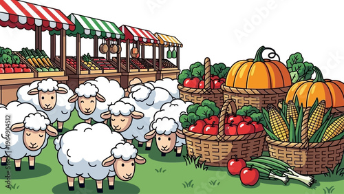 Cartoon Sheep Standing Near Fresh Produce Baskets.