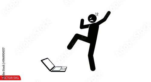 Frustrated stick figure kicking laptop, anger and stress concept