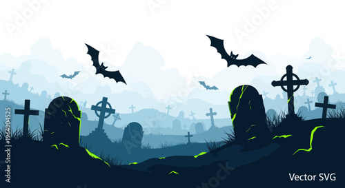 Halloween Cemetery Scene with Bats and Gravestones Silhouette