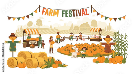 Farm Festival Scene with Pumpkins and People.