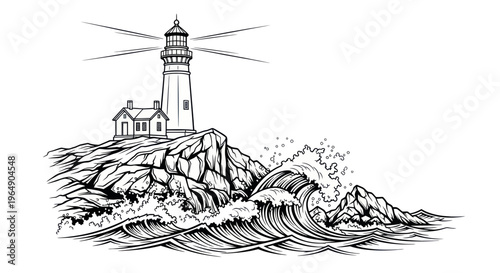 Lighthouse guiding ships on a rocky coastline with crashing waves