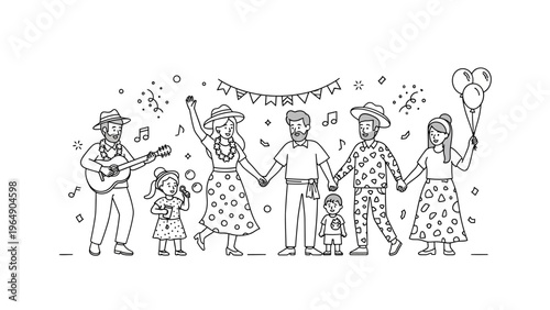 Family Celebrating Together with Music and Balloons.