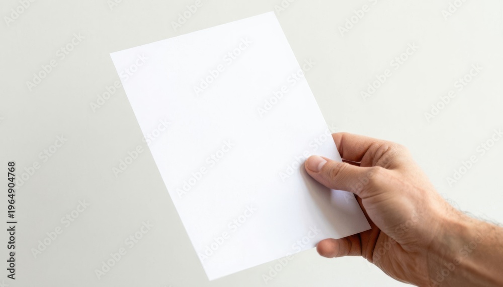 Obraz premium Hand holding blank white paper sheet against minimalist background for custom design or message