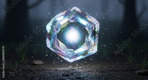 Mystical Crystal in Dark Forest Radiating Magical Light and Particles