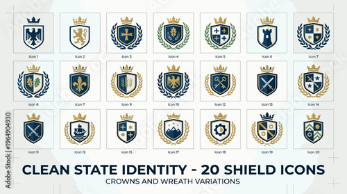 Clean State Identity 20 Shield Icons Crowns and Wreath Variations.