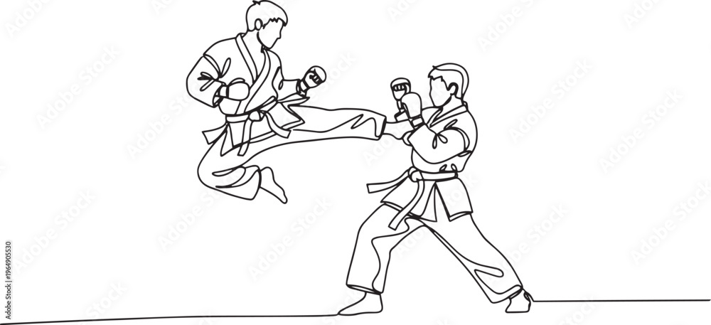 Fototapeta premium Karate martial arts line art vector, sparring match with flying kick isolated.