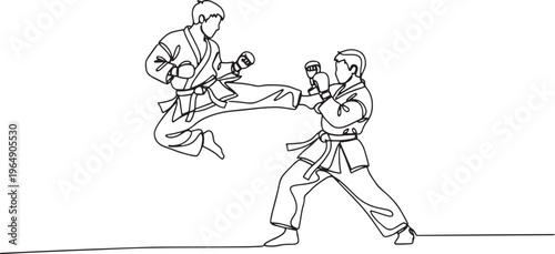 Karate martial arts line art vector, sparring match with flying kick isolated.