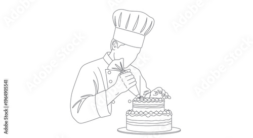 Chef Decorating Layered Cake with Icing Bag - Line Art