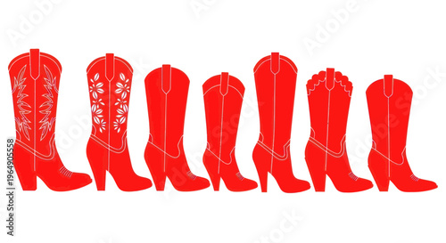 Collection of Red Cowboy Boots on White Background