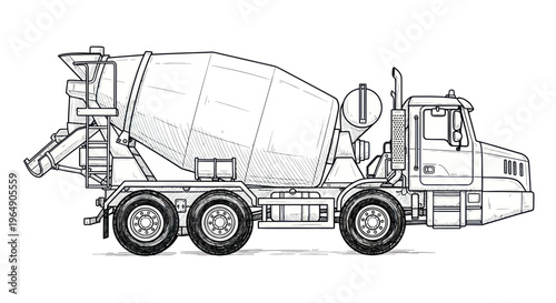 Concrete Mixer Truck Illustration - Construction Vehicle Line Art