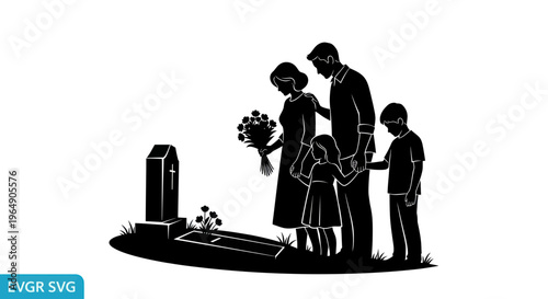 Family Mourning at Grave: Loss, Grief, Remembrance, Funeral, Cemetery Silhouette