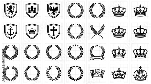 Collection of Royal Emblems Shields Laurels and Crowns.
