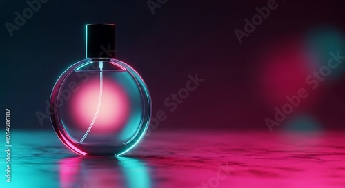 Round perfume bottle with pink and blue neon lights on a dark reflective surface for luxury fragrance branding and modern cosmetic beauty products