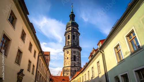 View upward of a tall ornate tower amid surrounding pastel-colored buildings under a blue sky
