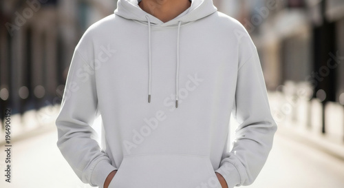Close up of a man wearing a plain light grey hoodie with drawstring details and front pocket, perfect for urban street style apparel mockups and casual fashion designs, standing outdoors.