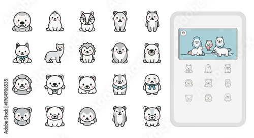 Collection of cute kawaii arctic animal icons and character illustrations in vector style.