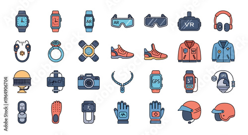 Collection of colorful wearable technology and smart gadget icons on white background