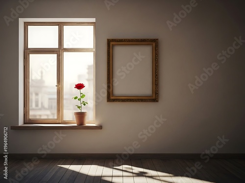 Rose by the Window with Empty Frame Creates a Minimalist Aesthetic