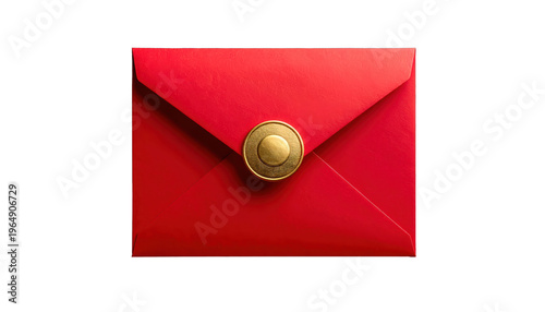 Elegant Vibrant Red Envelope with Gold Seal for Special Invitations and Heartfelt Messages, Isolated on White Background