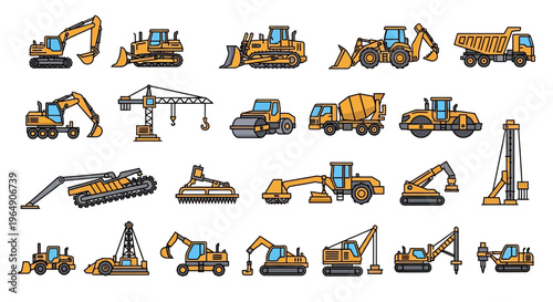 Vector set of heavy yellow construction machinery and industrial vehicle icons
