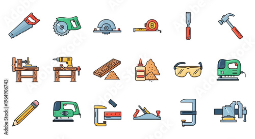 Collection of colorful flat vector icons featuring various woodworking and carpentry tools