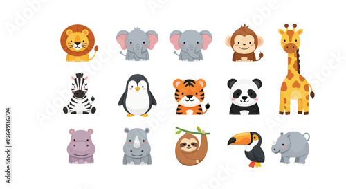 Adorable Collection of Cute Cartoon Jungle Animals on White