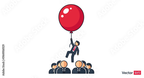 Businessman Flying With Red Balloon Above Crowd