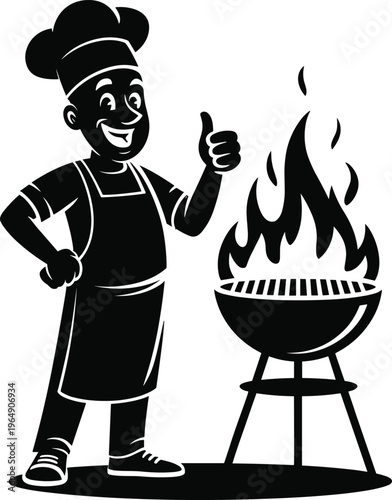 Happy chef grilling barbecue with thumbs up gesture - summer cookout