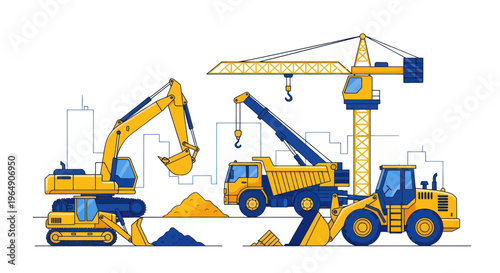 Construction Site with Heavy Machinery: Excavator, Crane, Dump Truck, Loader