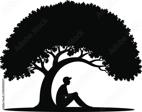 Peaceful silhouette person sitting under large tree nature graphic
