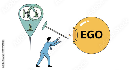 Man Striving to Burst Ego Bubble with Pin