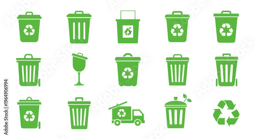 Green recycling bins and trash cans icons set, eco-friendly waste management concept