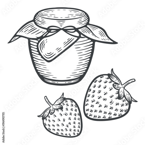 Jam jar with strawberry, hand-made marmelade, lines, hand-drawn, black and white, graphic illustration, engraving isolated