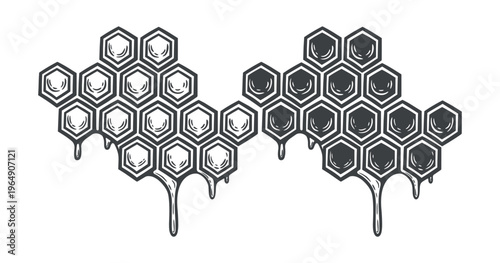 Honeycomb set, two contrast textures of hexagon shape, lines, hand-drawn, black and white, graphic illustration, engraving isolated