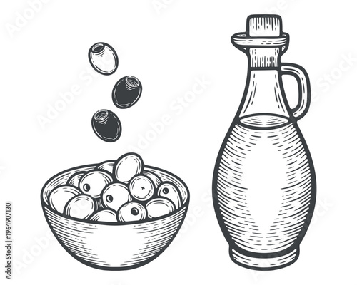 Olive oil bottle and olives falling in a bowl, lines, hand-drawn, black and white, graphic illustration, engraving isolated