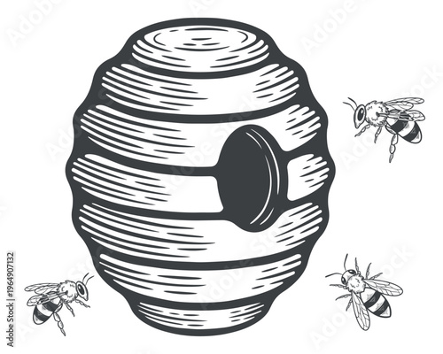 Beehive with flying bees, honey production, lines, hand-drawn, black and white, graphic illustration, engraving isolated