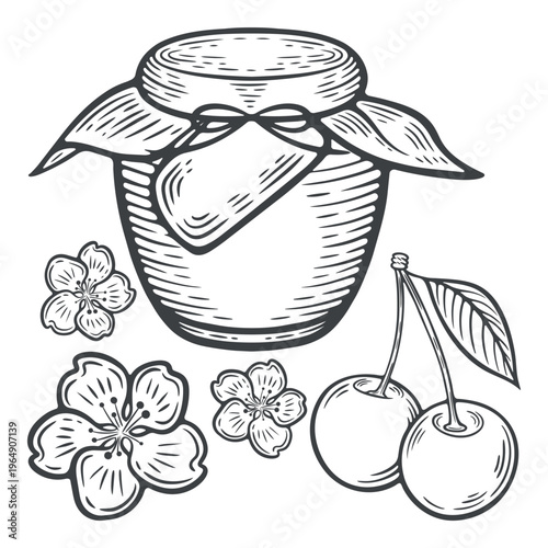 Jam jar with cherry berries, blossom decoration, hand-made marmelade, lines, hand-drawn, black and white, graphic illustration, engraving isolated