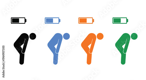Flat lay of colorful human icons in various battery charge states on white background.