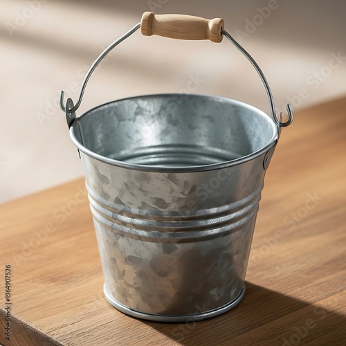 Shiny metal bucket on a wooden surface, a rustic storage solution indoors