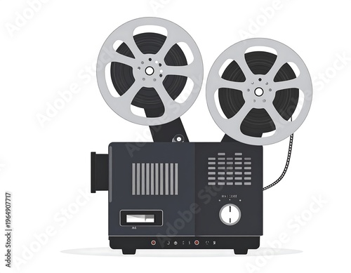 Vintage cinematic film projector, with two reels, rendered in a flat, vector illustration
