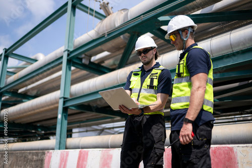 Foto Engineers performing site inspection at industrial refinery using laptop