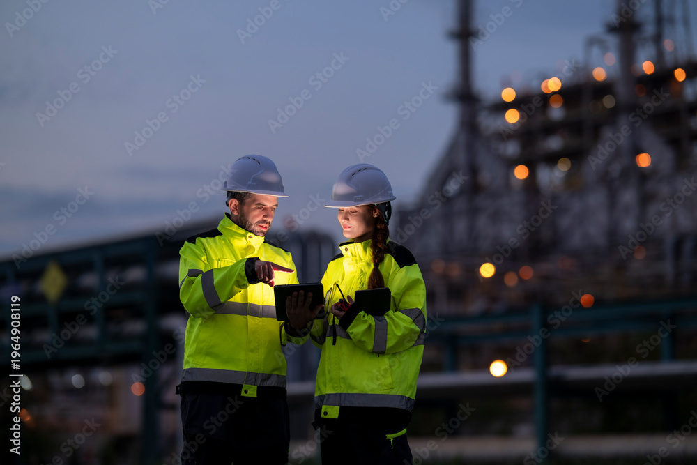 Fototapeta premium Engineers discussing refinery project using tablet wearing safety gear