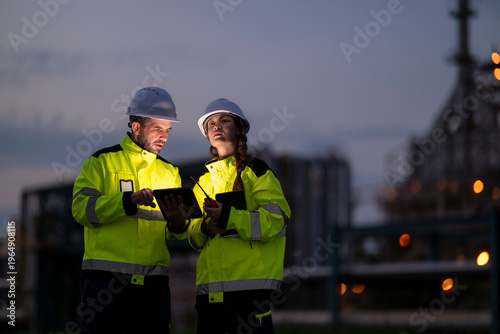 Engineers collaborating using tablet at industrial refinery at night
